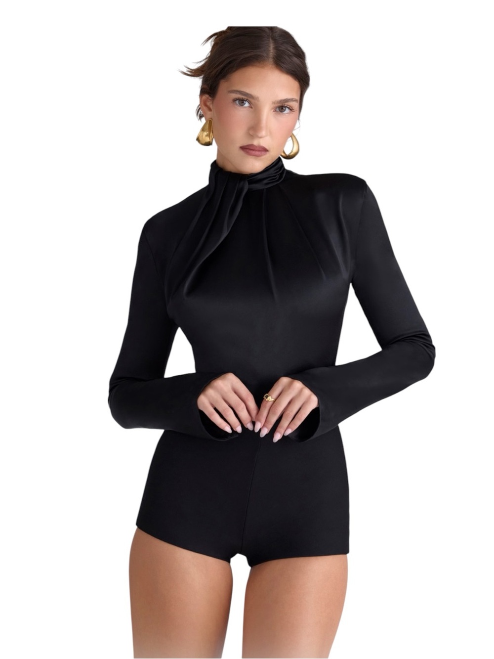 NWT House of CB Neneh Satin High Neck Long Sleeve Bodysuit in Black Size XS